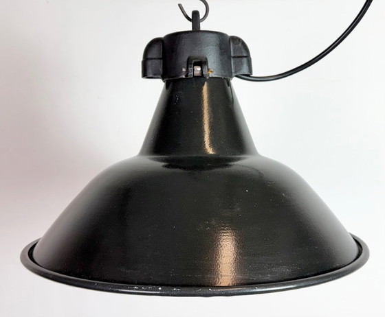 Image 1 of Set of 4 Industrial Black Enamel Factory Lamps with Cast Iron Top, 1950s