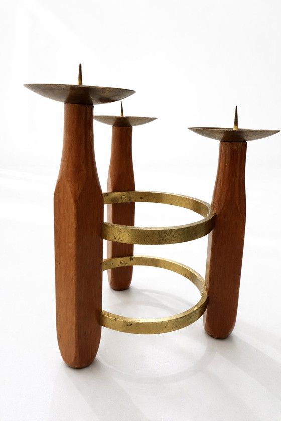 Image 1 of Mid-Century Teak & Brass 3-Light Candelabra – Danish Modern Style – 1960s