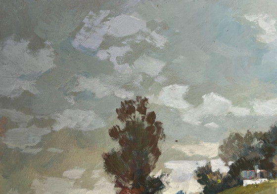 Image 1 of Original Oil Painting Gray Day Landscape Summer flower meadows