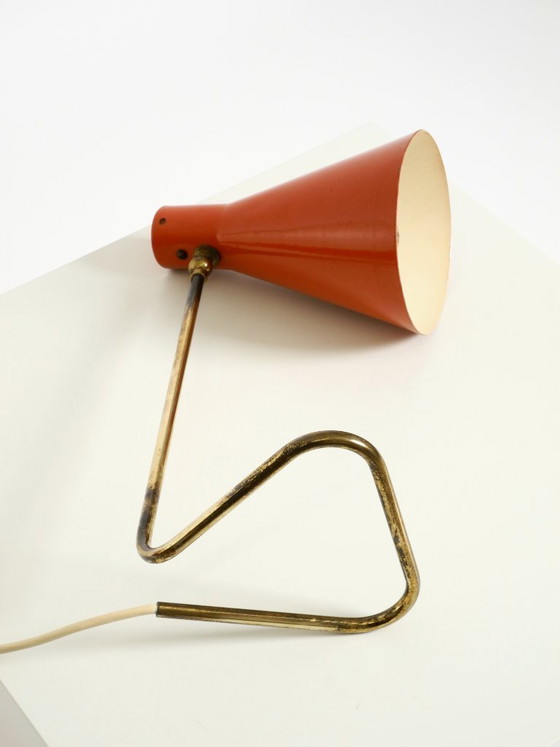 Image 1 of Beautiful, Large Mid-Century Modern Brass Table Lamp with a Brick-Red Shade