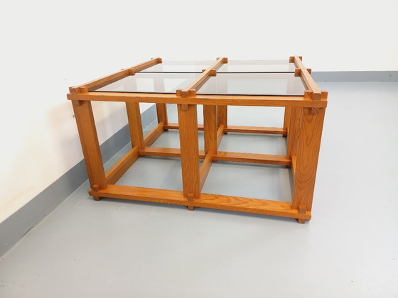 Image 1 of Vintage square coffee table in pine and smoked glass from the 70s/80s