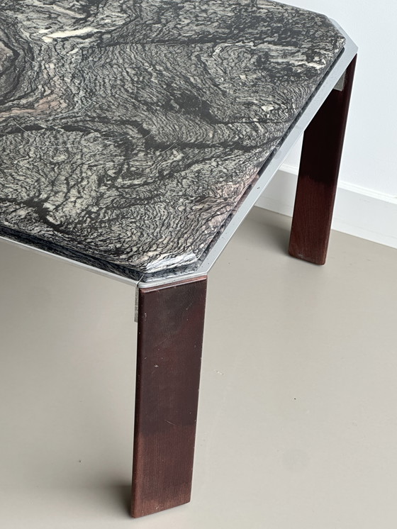 Image 1 of Table basse vintage en marbre métal chrome bois carré 70's