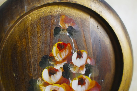 Image 1 of Arte floreale dipinta a mano su legno, decorazione da parete rotonda vintage, regalo per gli amanti dell'arte