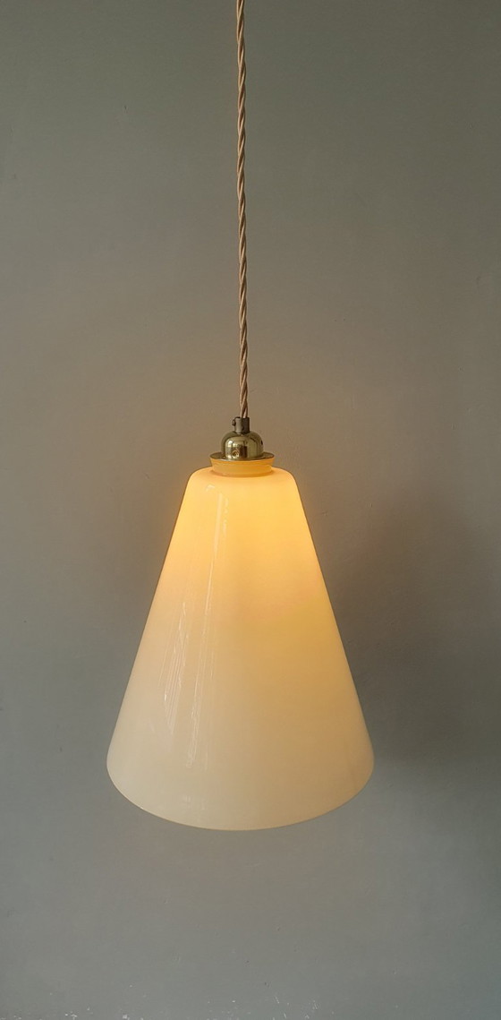 Image 1 of Large Vintage Opaline Conical Pendant Lamp in Amber / Soft Yellow Art Deco Style