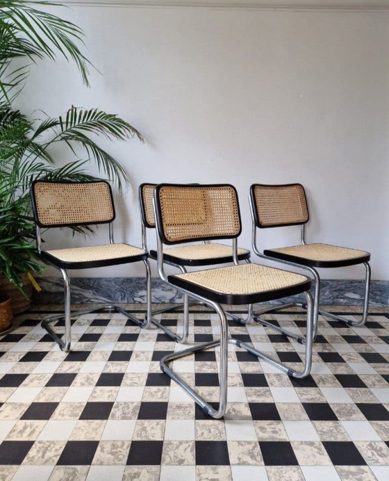 4 stoelen Marcel Breuer, sesca, Eetkamerstoelen, Rotan, Hout, Beige (foto 5 van 7)