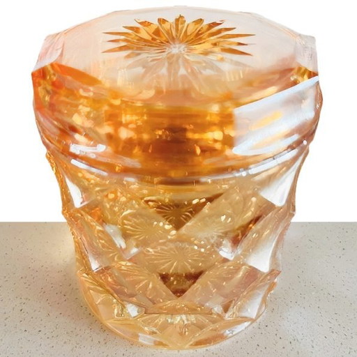 Art Deco carnival crystal jewelry box iridescent orange 1930s