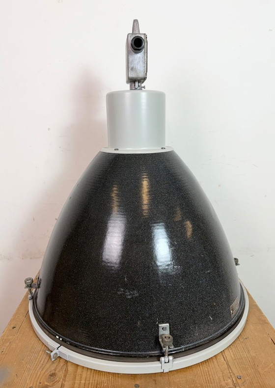 Image 1 of Large Industrial Black Enamel Factory Lamp with Glass Cover, 1960s