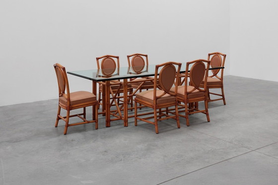 Image 1 of Set of 6 bamboo dining room chairs with geometric upholstery by Gasparucci, Italy 1980s