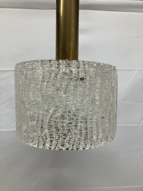 Image 1 of Vintage pendant lamp brass and thick ice glass J.T. Kalmar 1950/60