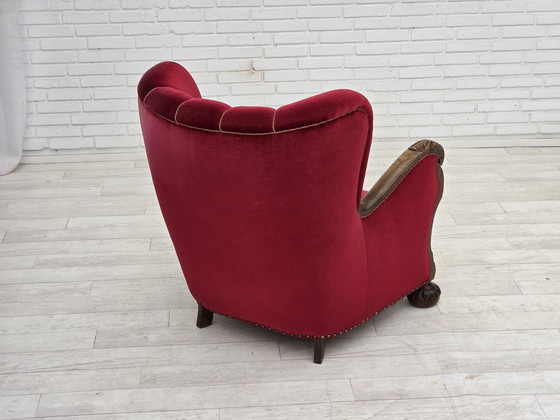 Image 1 of Chaise relax danoise des années 1960, velours de meuble rouge cerise, bois de chêne