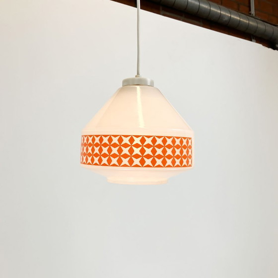 Image 1 of pendant lamp, opal glass with orange pattern, GDR of the 1970s