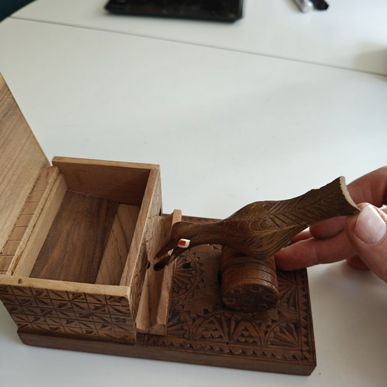 Image 1 of Hand-Carved Mechanical Bird Cigarette Dispenser | Folk Art Wooden Box | Working Mechanism