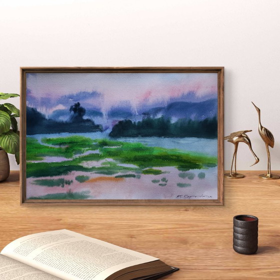 Original Watercolor Painting Nature Landscape Meadow Morning Fog – Paintings & Drawings, Paper (photo 3 of 7)