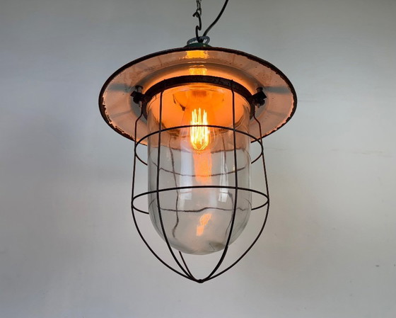 Image 1 of Industriële groene emaille kooi hanglamp, jaren 60