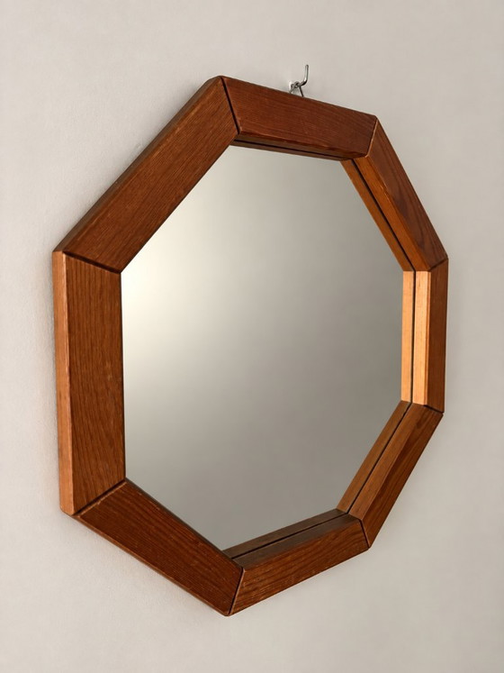 Vintage Octagonal Wooden Wall Mirror – 1970s Geometric Design (photo 3 of 8)