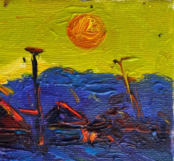 Image 1 of Original Oil Painting Evening Village Landscape Yellow sunset over the village