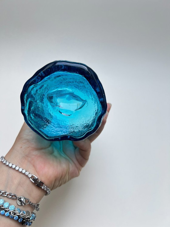 Image 1 of Vintage textured frosted glass vase, mid-century modern look, bark glass, Ingrid Whitefriars Bark turquoise blue