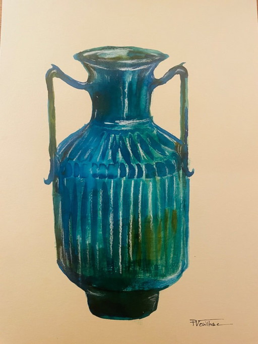 Tableau signé aquarelle et encre Vase Wabi Sabi China