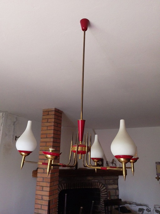 Suspension vintage en métal rouge et verre des années 1950
