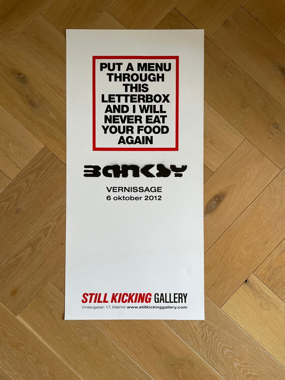Image 1 of Affiche d'exposition Banksy, Vernissage 2012, Put a Menu, Still Kicking Gallery, Malmo