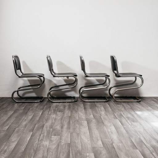 Set of 4 Chromed Steel Cantilever Chairs, 1980s Vintage Modern Design