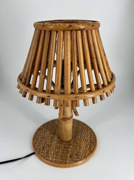 Image 1 of Lampe de table vintage en bambou et rotin – Style milieu du siècle