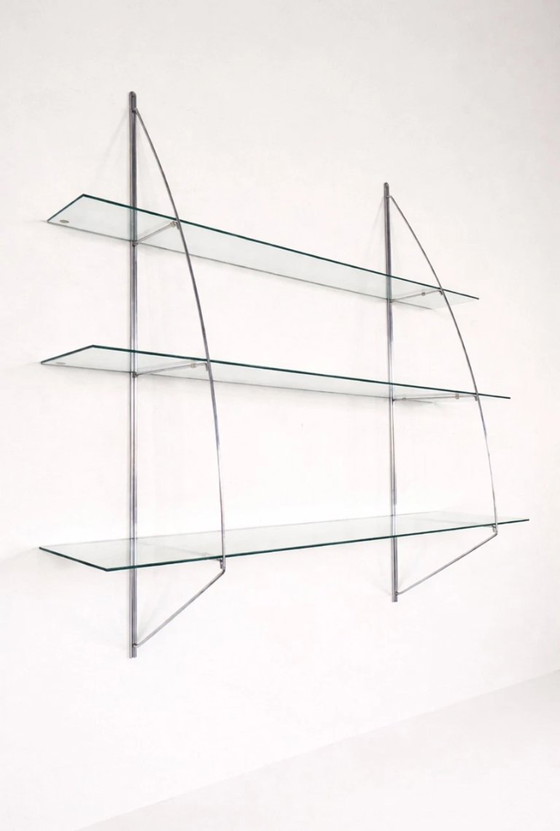 Image 1 of Vintage IKEA Glazen Chromen Boekenkast Rek Wandrek By Tord Björklund