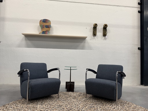 2 Leolux Scylla Fauteuils Stof Leer Blauw