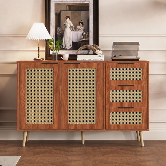 Image 1 of Urban Meuble vintage dressoir van rotan in walnoot houtlook met 2 deuren en 3 lades met zwarte handgrepen 120*38*78cm CRI