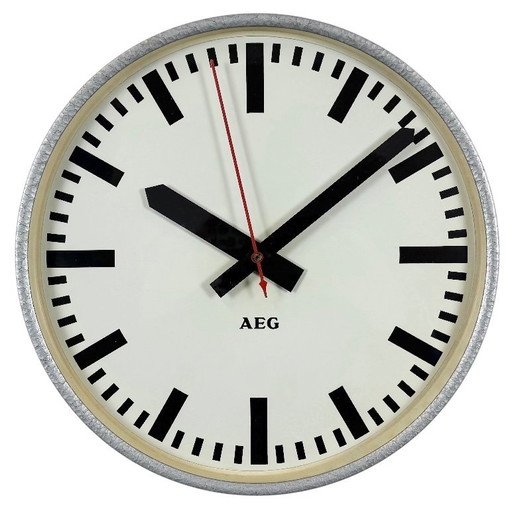 Grey German Industrial Electric Station Wall Clock from AEG, 1960s