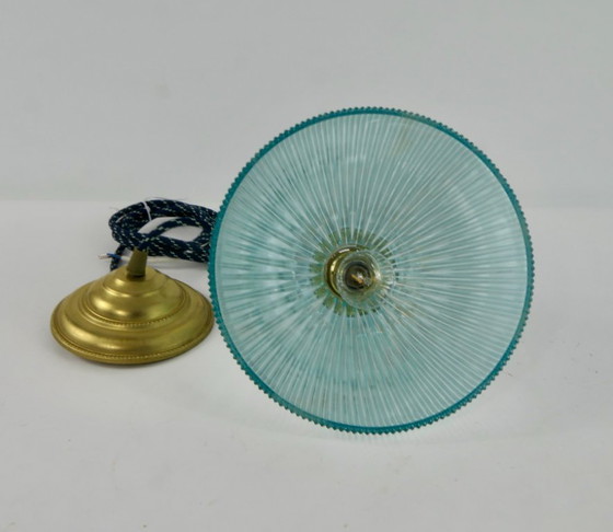 Image 1 of Ribbed ceiling lamp in light blue Holophane glass with brass shade support