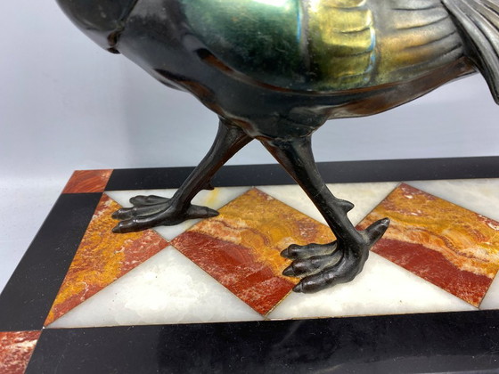 Image 1 of Grote Art Deco Fazant Beeld – Gepatineerd Spelter op Luxe Marmer – Franse 1930s Sculptuur – Wandeldecor / Verzamelobject 