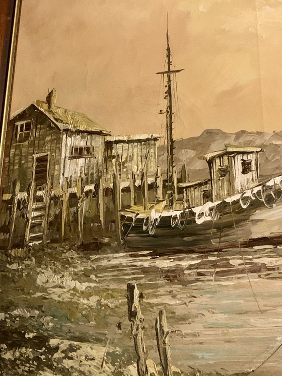 Port at Dusk - Superb Seascape - Oil on Canvas with Palette Knife (In the Spirit of the Cape Ann School) (photo 23 of 29)