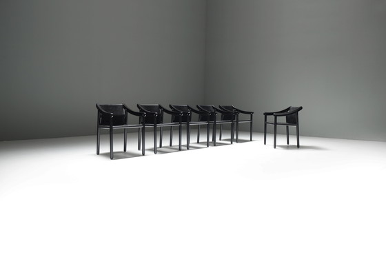 Image 1 of Great set of 6 black leather '905 Armchairs' by Vico Magistretti for Cassina