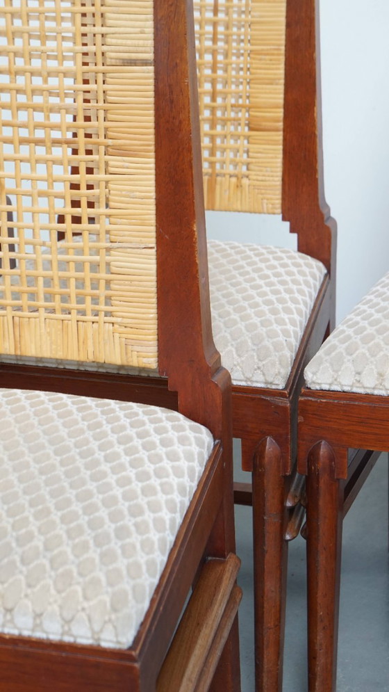 Image 1 of 4 x Sedia da pranzo in legno dal design Art Deco con seduta e schienale in vimini