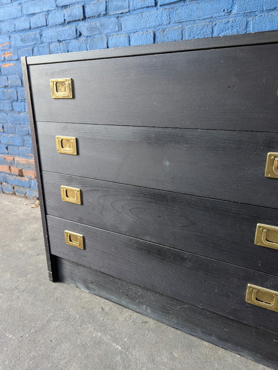Image 1 of Vintage black Danish chest of drawers / brass