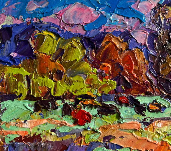 Image 1 of Original Oil Painting Sunset Field Landscape Autumn evening meadows