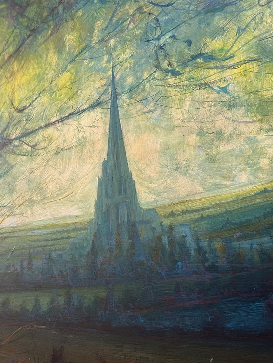 Image 1 of Ben Genaux (1911–1996, Belgio) - Paesaggio surreale con torre e farfalla, olio su tavola