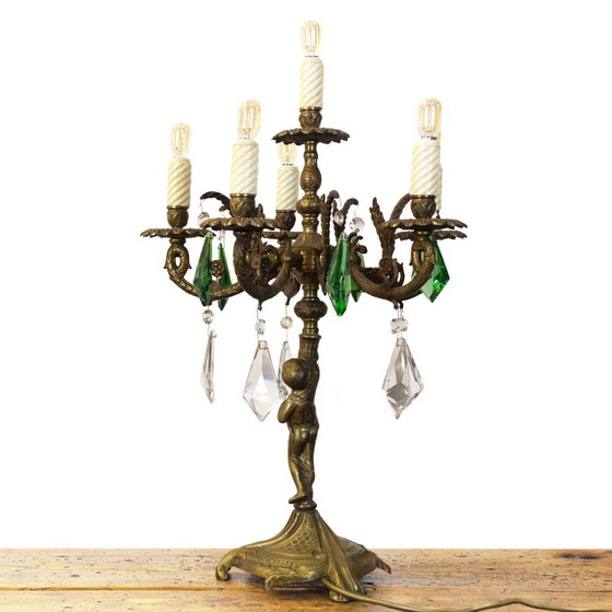 Image 1 of Vintage Bronze Candelabra Lamp with Green Crystals, 1930s