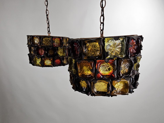 Image 1 of Sehr seltenes und einzigartiges Set brutalistischer Pendelleuchten aus Glas und Metall von Felipe Delfinger für Feder, Mexiko, 1
