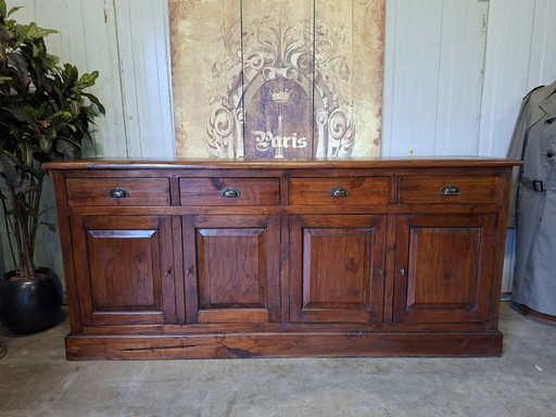 Aparador clásico, mueble alto y consola en teca oscura, de 200x50cm y 90cm de alto.