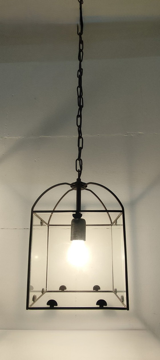 Image 1 of Ensemble de lampes suspendues rétro Amedi en verre/métal des années 90 (1 grande/double) 2 simples.