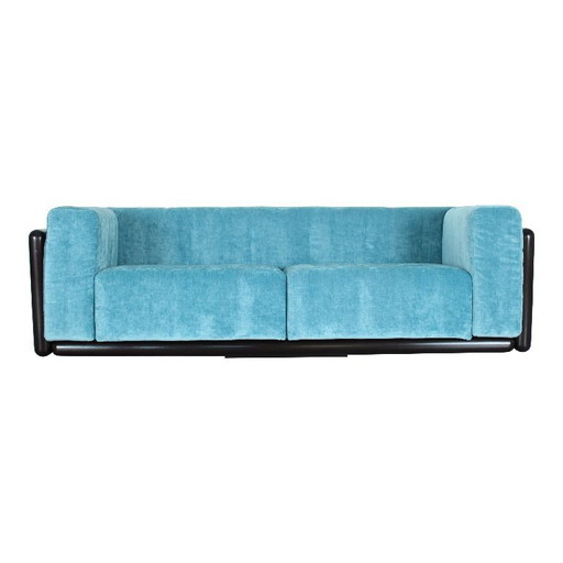 Cornaro Zweisitzer-Sofa aus Iroko-Holz und blauem Samt von Carlo Scarpa für Studio Simon, Italien, 1974