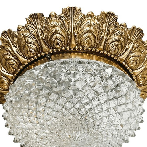 Image 1 of Vintage French Baroque ceiling lamp, faceted glass, Hollywood Regency ceiling light, brass, 1960s
