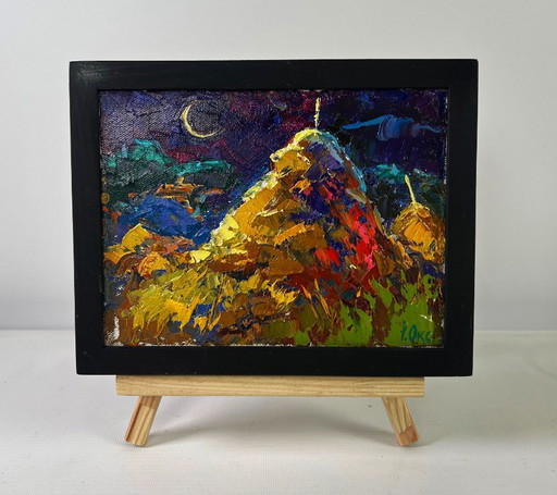 Original Oil Painting Colorful Summer Landscape Night tale in silver reflections