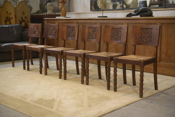 Set of 6 Charles Dudouyt chairs in oak from the 1950s., Dining chairs, Brown, Vintage (photo 2 of 13)