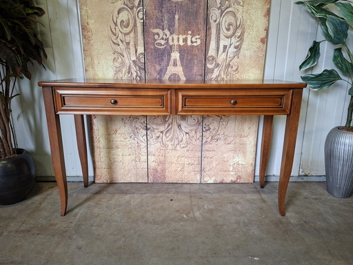 Mesa auxiliar clásica de madera de cerezo, mesa de pared, consola, dimensiones: 130x40cm y 74cm de alto.