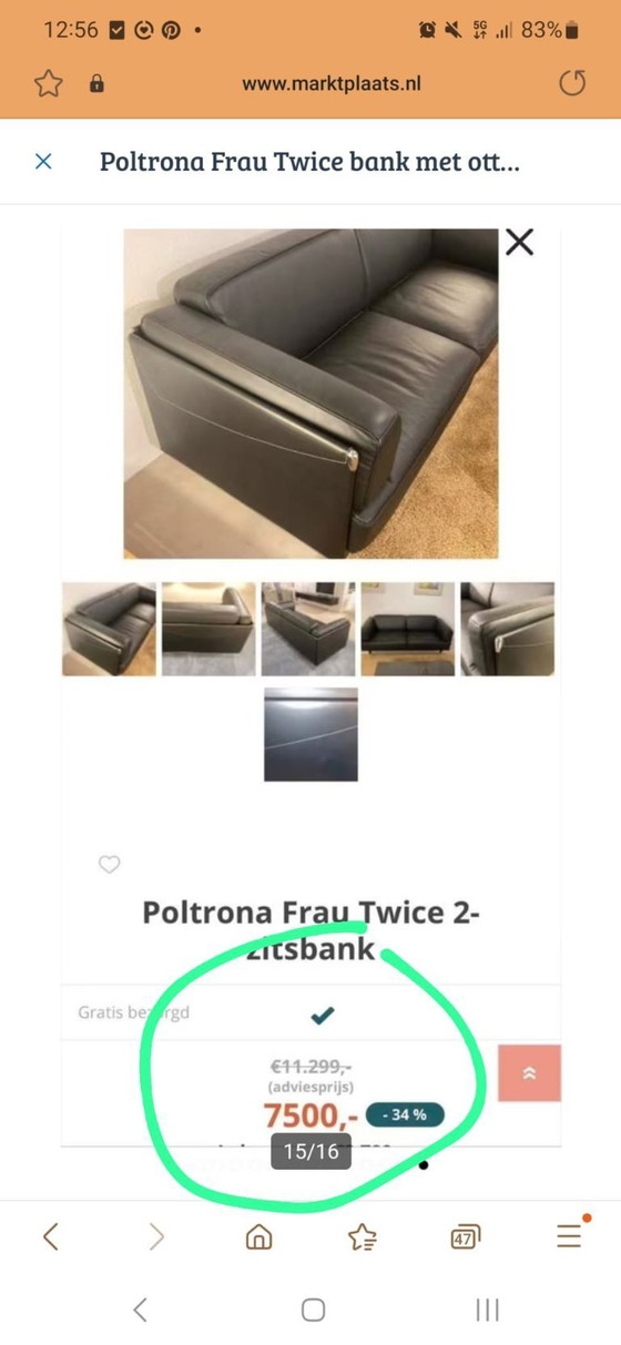 Image 1 of Divano a 2 posti Poltrona Frau Twice in pelle nera