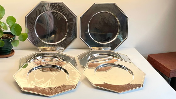 Image 1 of Set van 6 vintage zilveren metalen borden