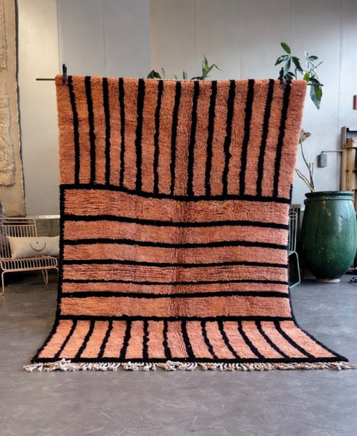 Alfombra marroquí Mrirt hecha a mano, 210 x 300 cm, de lana marrón, con diseño bereber.